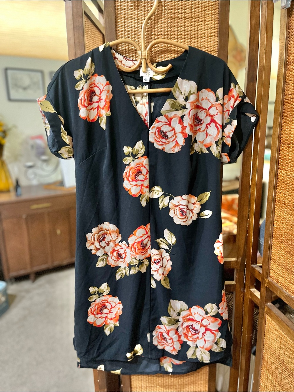 Black Floral Summer Dress with Coral Roses